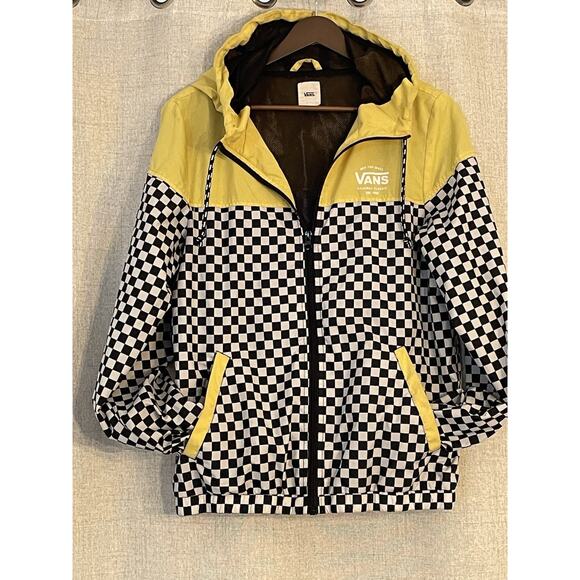 Vans Off The Wall Hooded Windbreaker Checkered Jacket Size M Yellow White-black - Picture 1 of 8